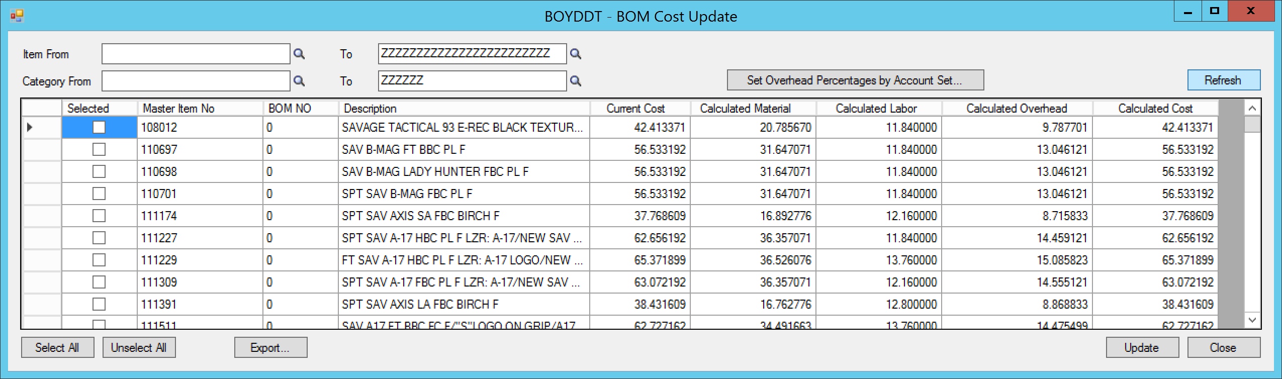 BOM Standard Cost Update