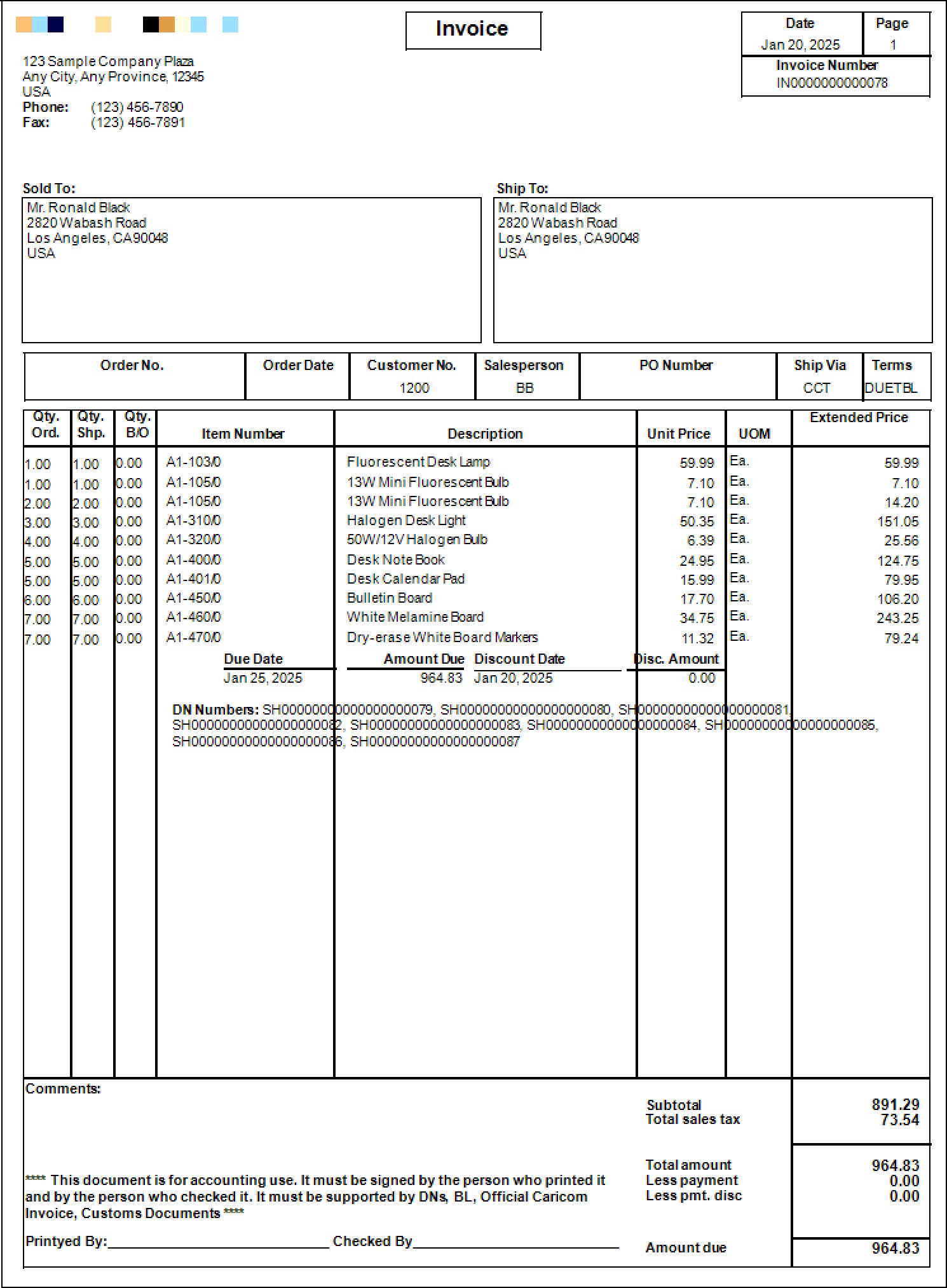 Invoice with shipment numbers.